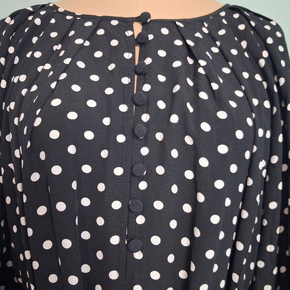 Loft Polka Dot Maxi Dress Black White Long Sleeve Button Front Waist Tie sz 8 - Picture 4 of 12